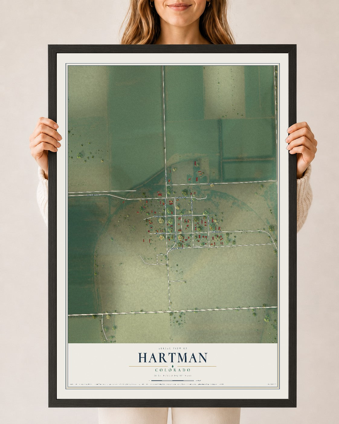 Map of Hartman, Colorado, 24 x 36 inch print in a black wood frame