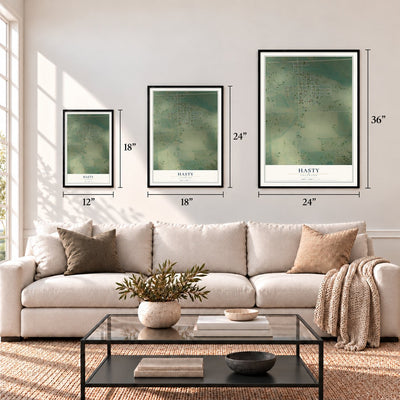 Hasty, Colorado map in 12 x 18, 18 x 24 and 24 x 36 inch sizes above a sofa