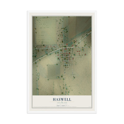 Map of Haswell, Colorado, 12 x 18 inch print in a white wood frame