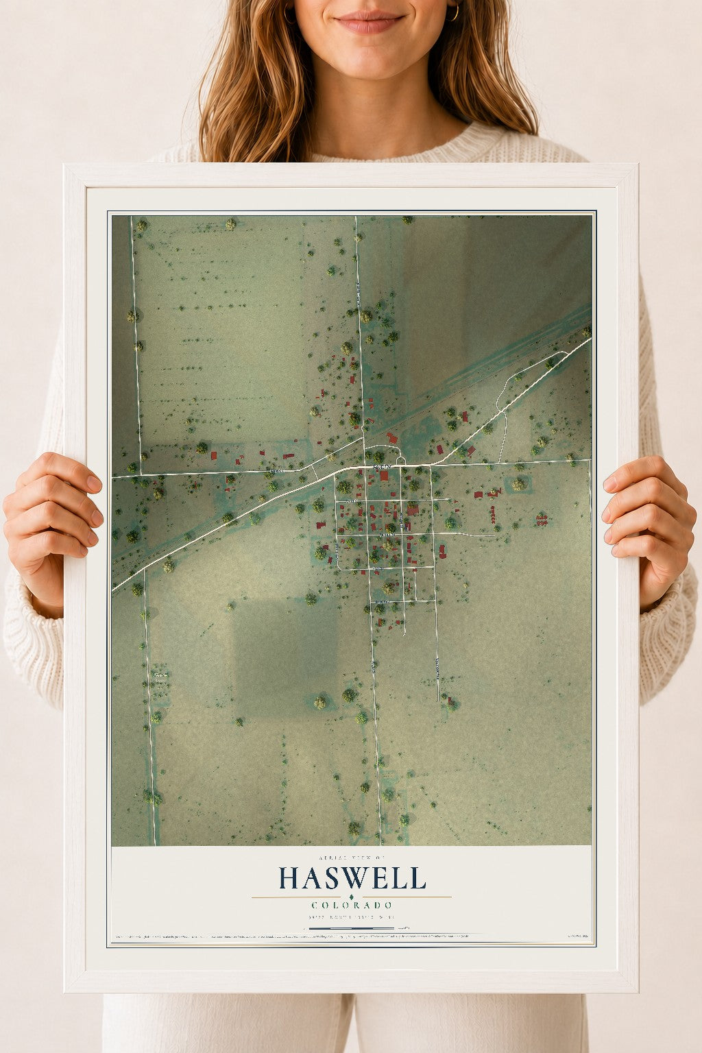 Map of Haswell, Colorado, 18 x 24 inch print in a white wood frame