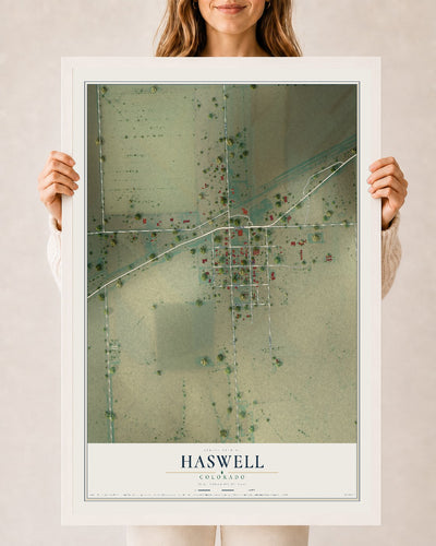 Map of Haswell, Colorado, 24 x 36 inch print in a white wood frame