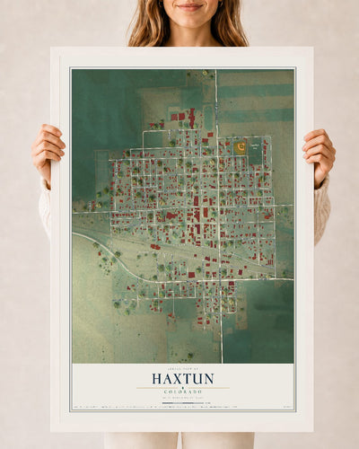 Map of Haxtun, Colorado, 24 x 36 inch print in a white wood frame