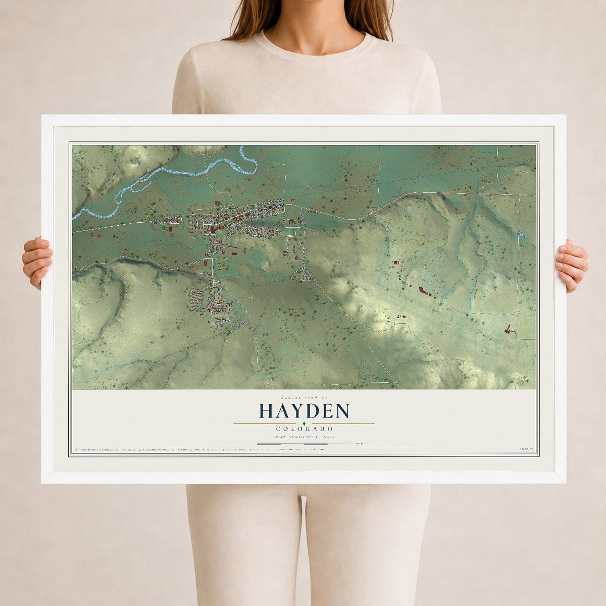 Map of Hayden, Colorado, 24 x 36 inch print in a white wood frame