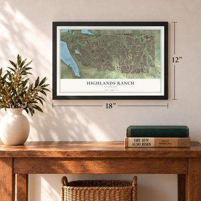 Highlands Ranch, Colorado map, 12 x 18 inch print in a black frame in an entryway