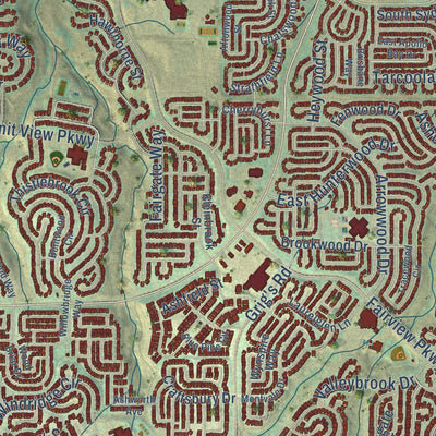 Close-up of the map of Highlands Ranch, Colorado print showing street and building detail
