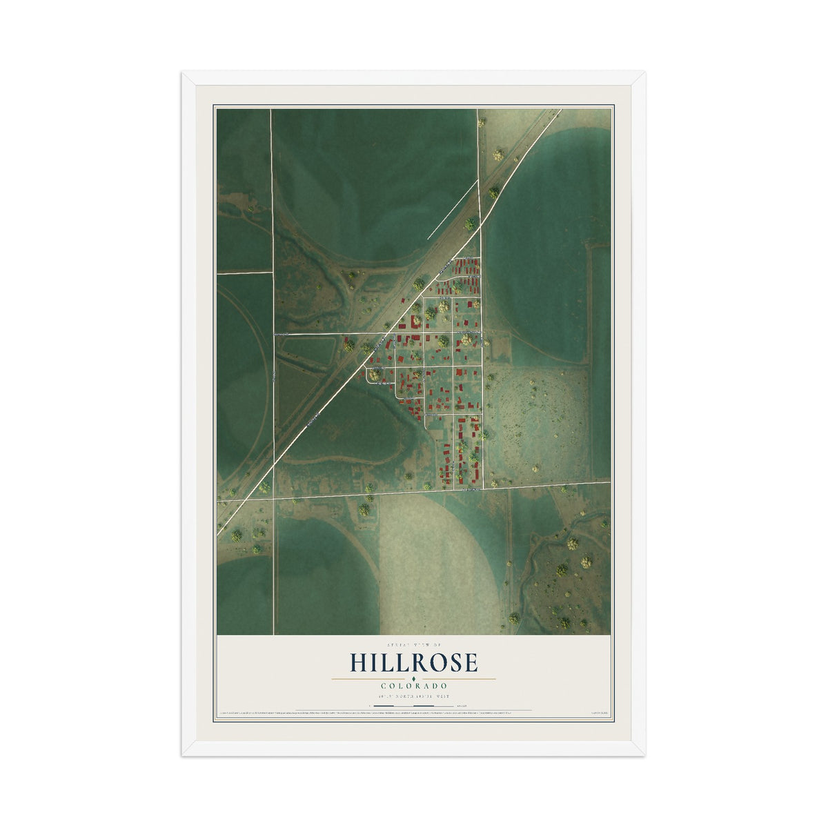 Map of Hillrose, Colorado, 12 x 18 inch print in a white wood frame