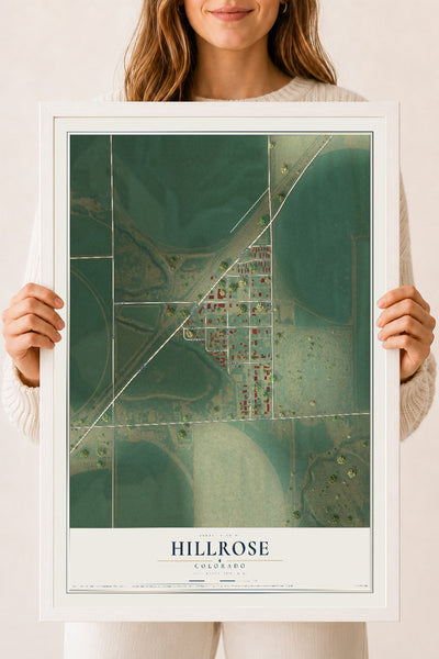Map of Hillrose, Colorado, 18 x 24 inch print in a white wood frame