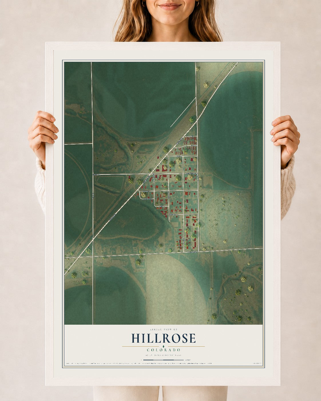 Map of Hillrose, Colorado, 24 x 36 inch print in a white wood frame