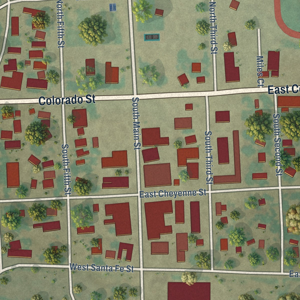Close-up of the map of Holly, Colorado print showing street and building detail