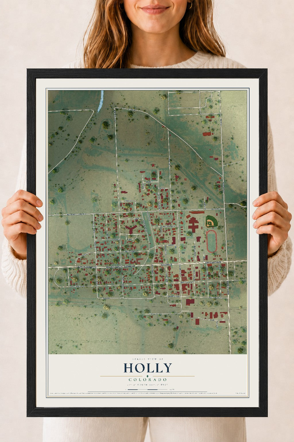 Map of Holly, Colorado, 18 x 24 inch print in a black wood frame