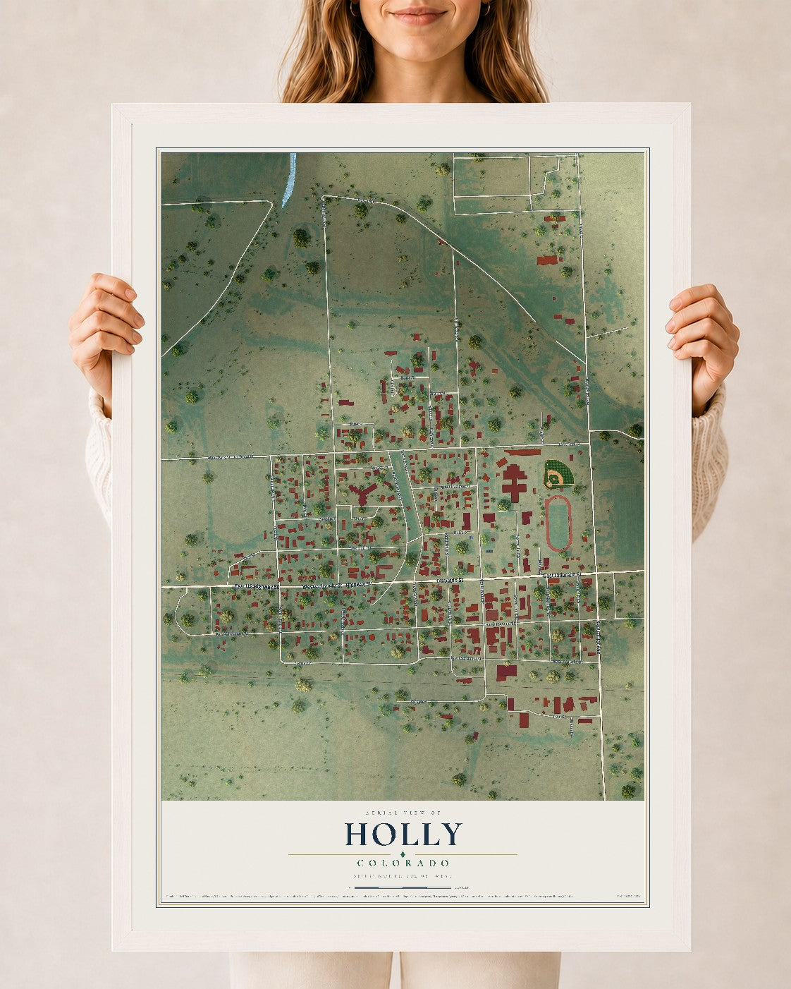Map of Holly, Colorado, 24 x 36 inch print in a white wood frame