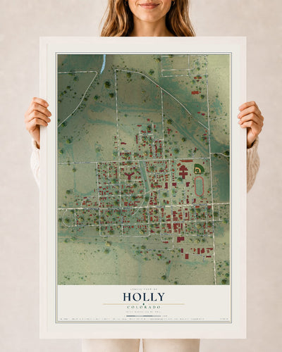 Map of Holly, Colorado, 24 x 36 inch print in a white wood frame