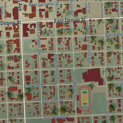 Close-up of the map of Holyoke, Colorado print showing street and building detail