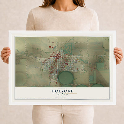 Map of Holyoke, Colorado, 12 x 18 inch print in a white wood frame