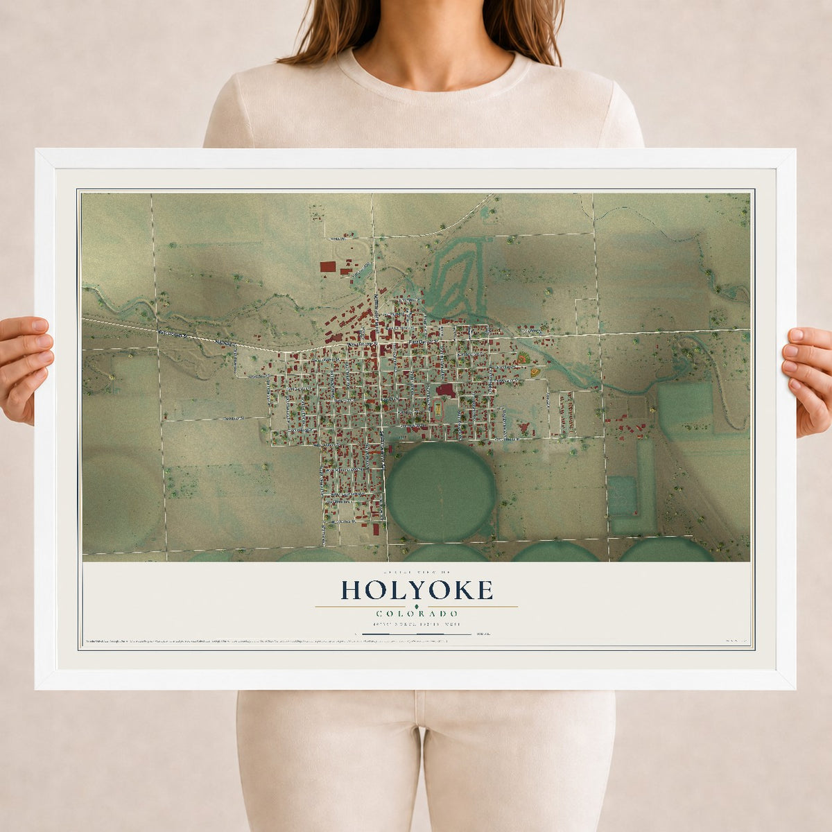 Map of Holyoke, Colorado, 18 x 24 inch print in a white wood frame