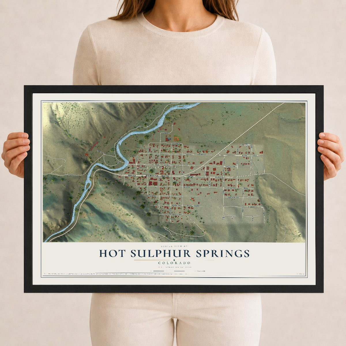 Map of Hot Sulphur Springs, Colorado, 12 x 18 inch print in a black wood frame