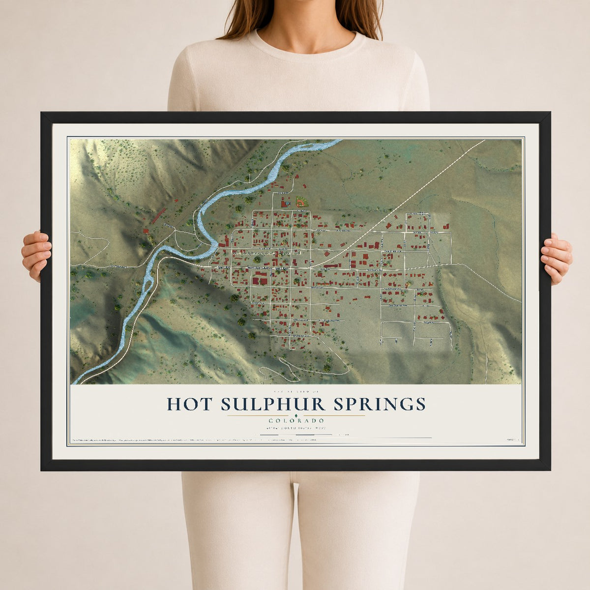 Map of Hot Sulphur Springs, Colorado, 24 x 36 inch print in a black wood frame