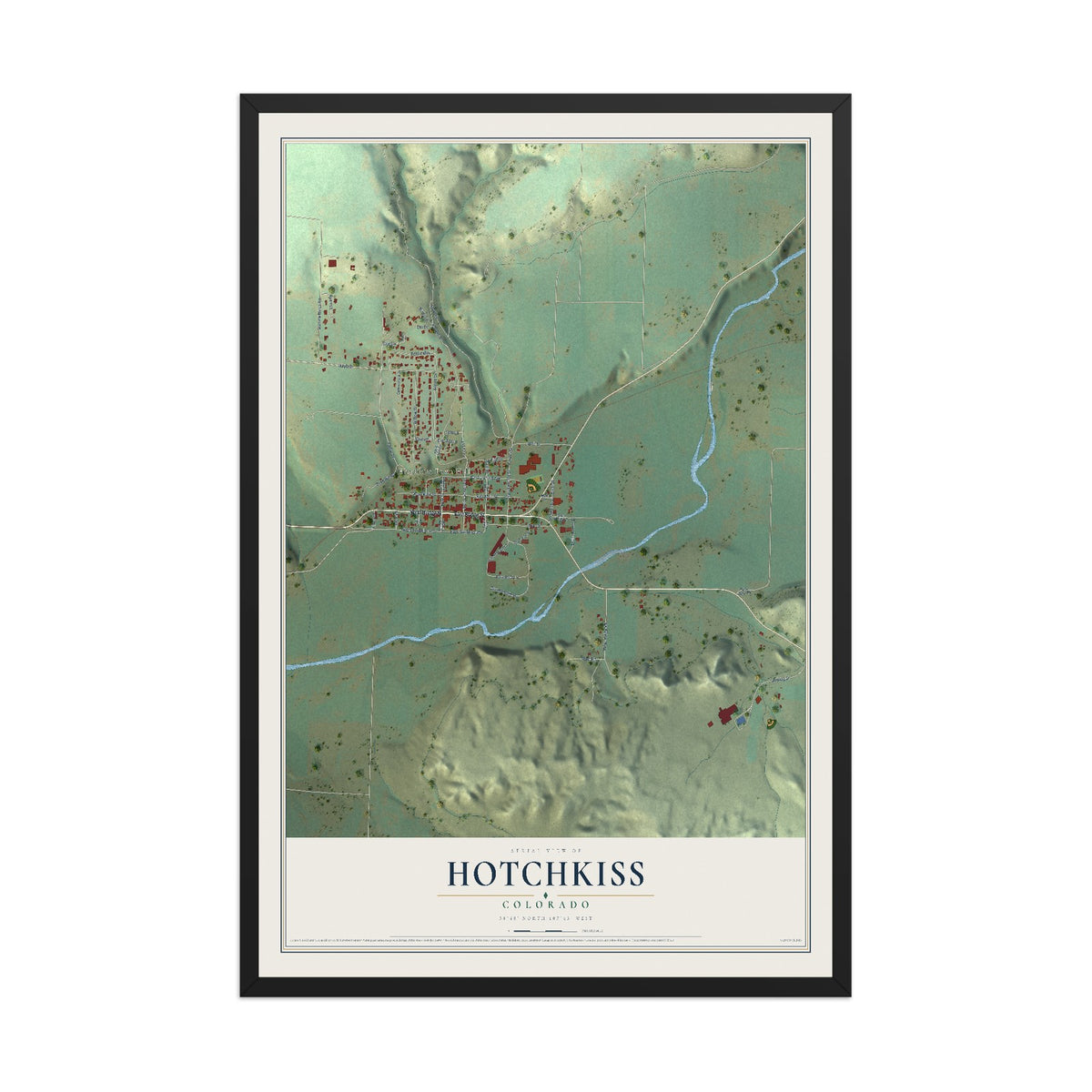 Map of Hotchkiss, Colorado, 12 x 18 inch print in a black wood frame