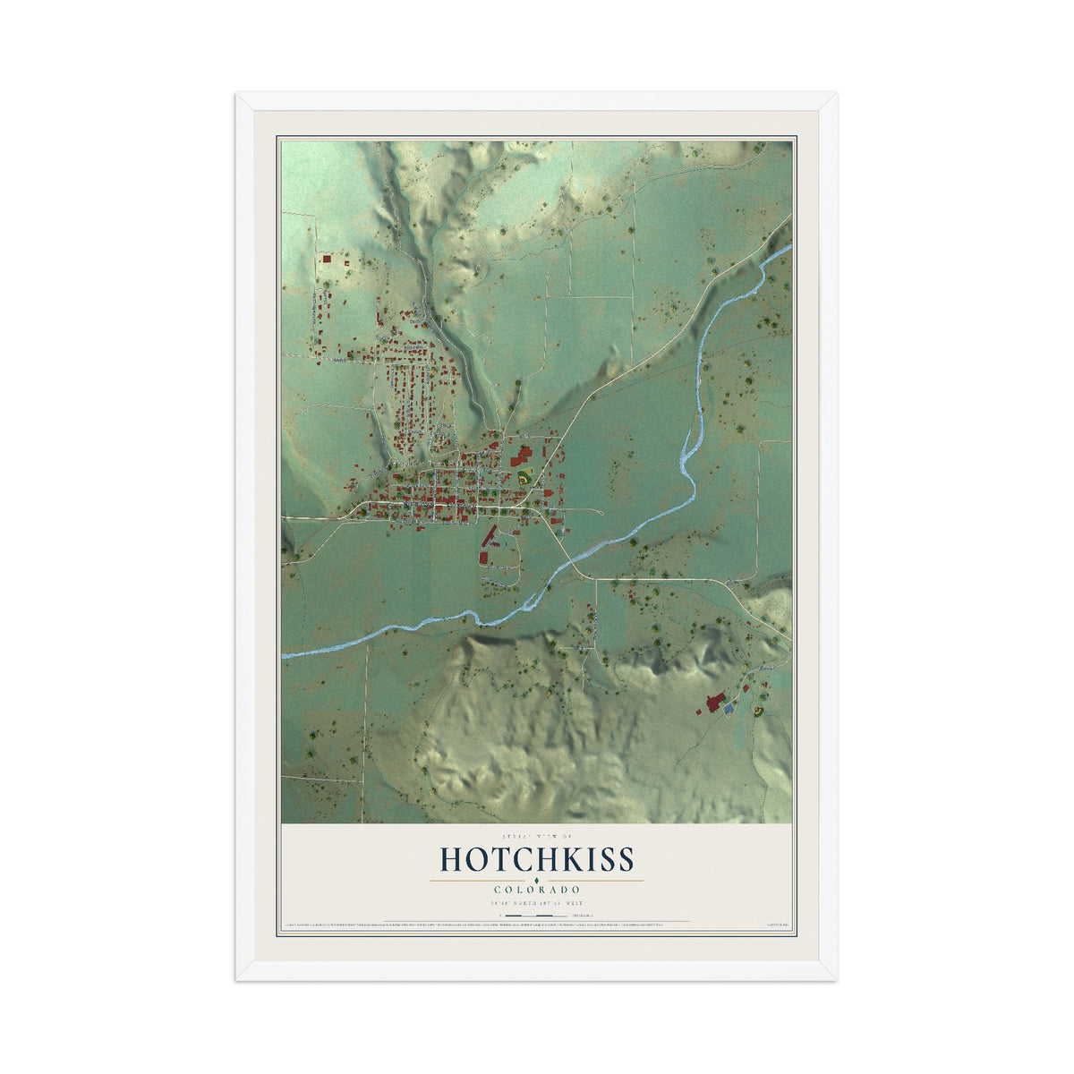 Map of Hotchkiss, Colorado, 12 x 18 inch print in a white wood frame