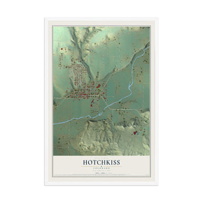 Map of Hotchkiss, Colorado, 12 x 18 inch print in a white wood frame