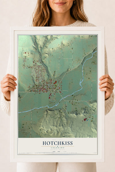 Map of Hotchkiss, Colorado, 18 x 24 inch print in a white wood frame