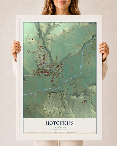 Map of Hotchkiss, Colorado, 24 x 36 inch print in a white wood frame
