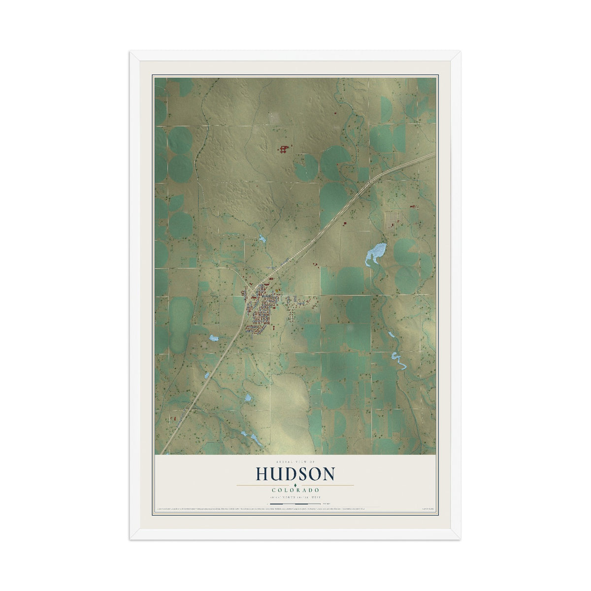 Map of Hudson, Colorado, 12 x 18 inch print in a white wood frame