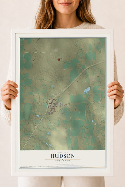 Map of Hudson, Colorado, 18 x 24 inch print in a white wood frame