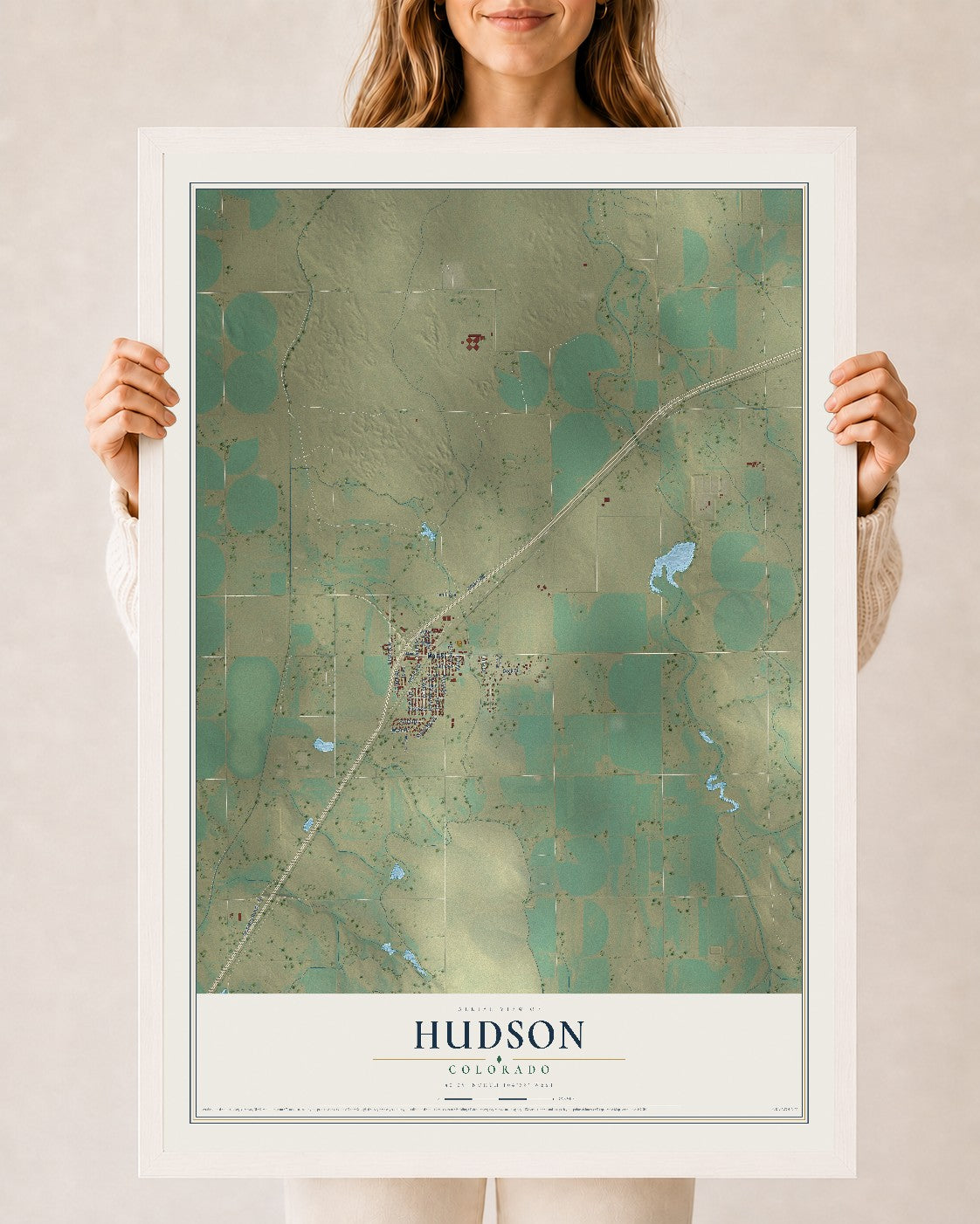 Map of Hudson, Colorado, 24 x 36 inch print in a white wood frame