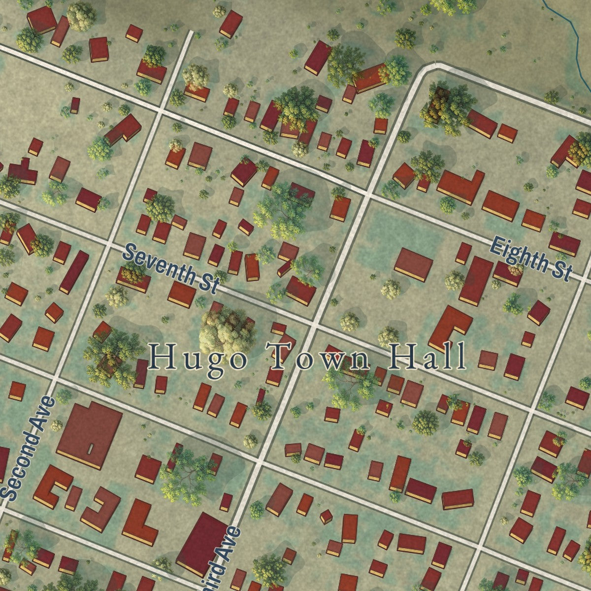 Close-up of the map of Hugo, Colorado print showing street and building detail