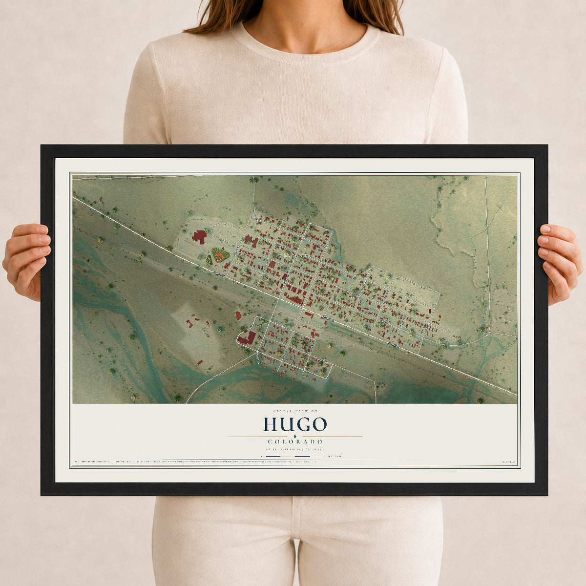 Map of Hugo, Colorado, 12 x 18 inch print in a black wood frame