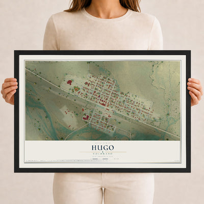 Map of Hugo, Colorado, 12 x 18 inch print in a black wood frame