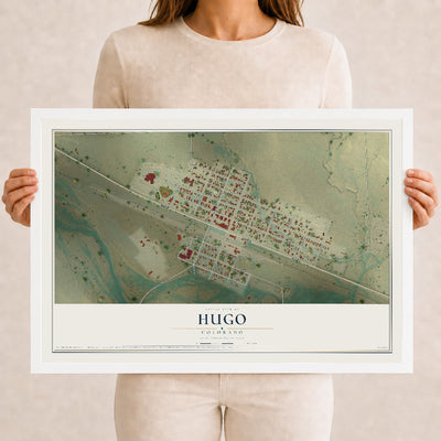 Map of Hugo, Colorado, 12 x 18 inch print in a white wood frame