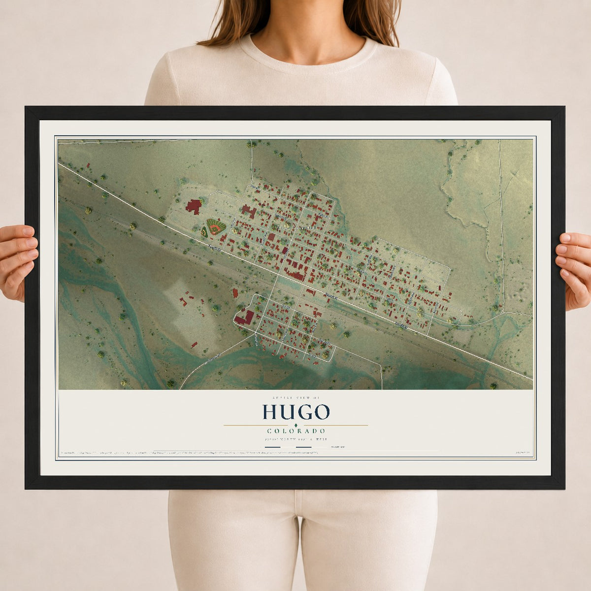 Map of Hugo, Colorado, 18 x 24 inch print in a black wood frame