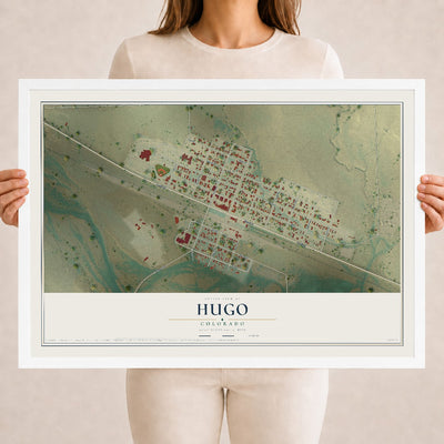 Map of Hugo, Colorado, 18 x 24 inch print in a white wood frame