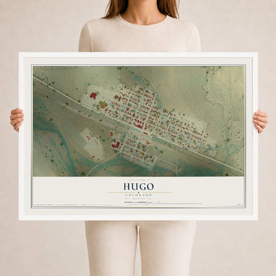 Map of Hugo, Colorado, 24 x 36 inch print in a white wood frame