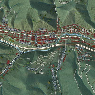 Close-up of the map of Idaho Springs, Colorado print showing street and building detail
