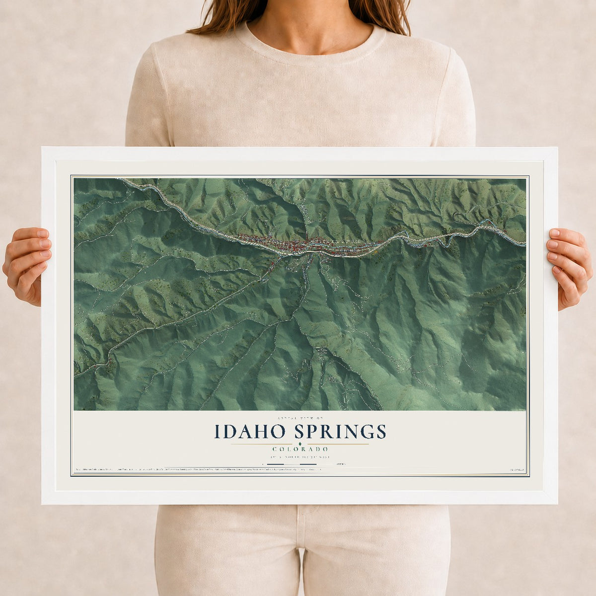 Map of Idaho Springs, Colorado, 12 x 18 inch print in a white wood frame