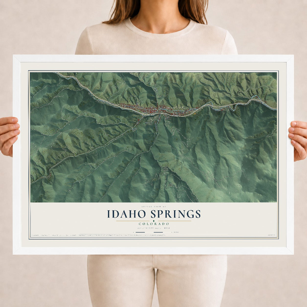 Map of Idaho Springs, Colorado, 18 x 24 inch print in a white wood frame
