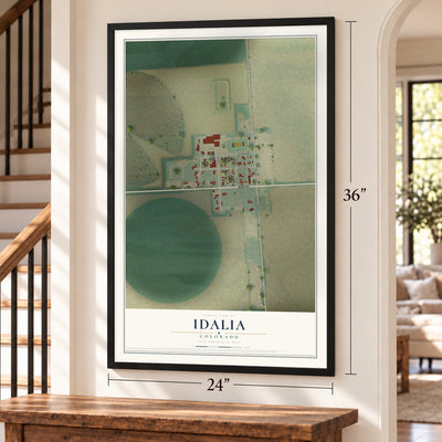 Idalia, Colorado map, 24 x 36 inch print in a black frame by a staircase