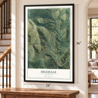 Idledale, Colorado map, 24 x 36 inch print in a black frame by a staircase