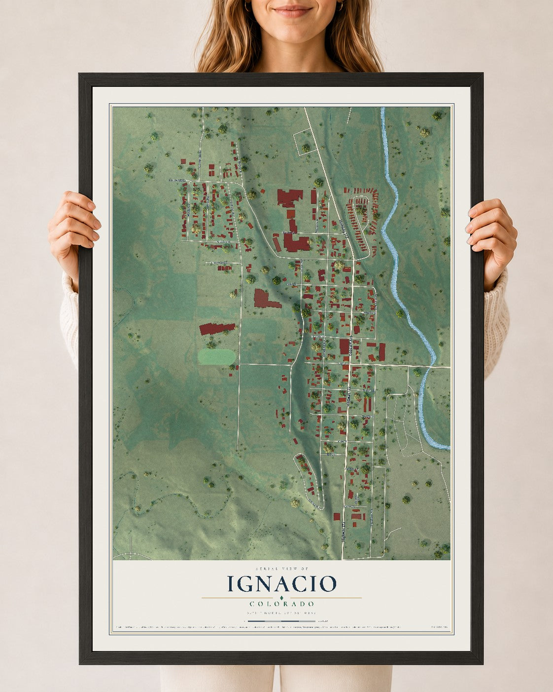 Map of Ignacio, Colorado, 24 x 36 inch print in a black wood frame