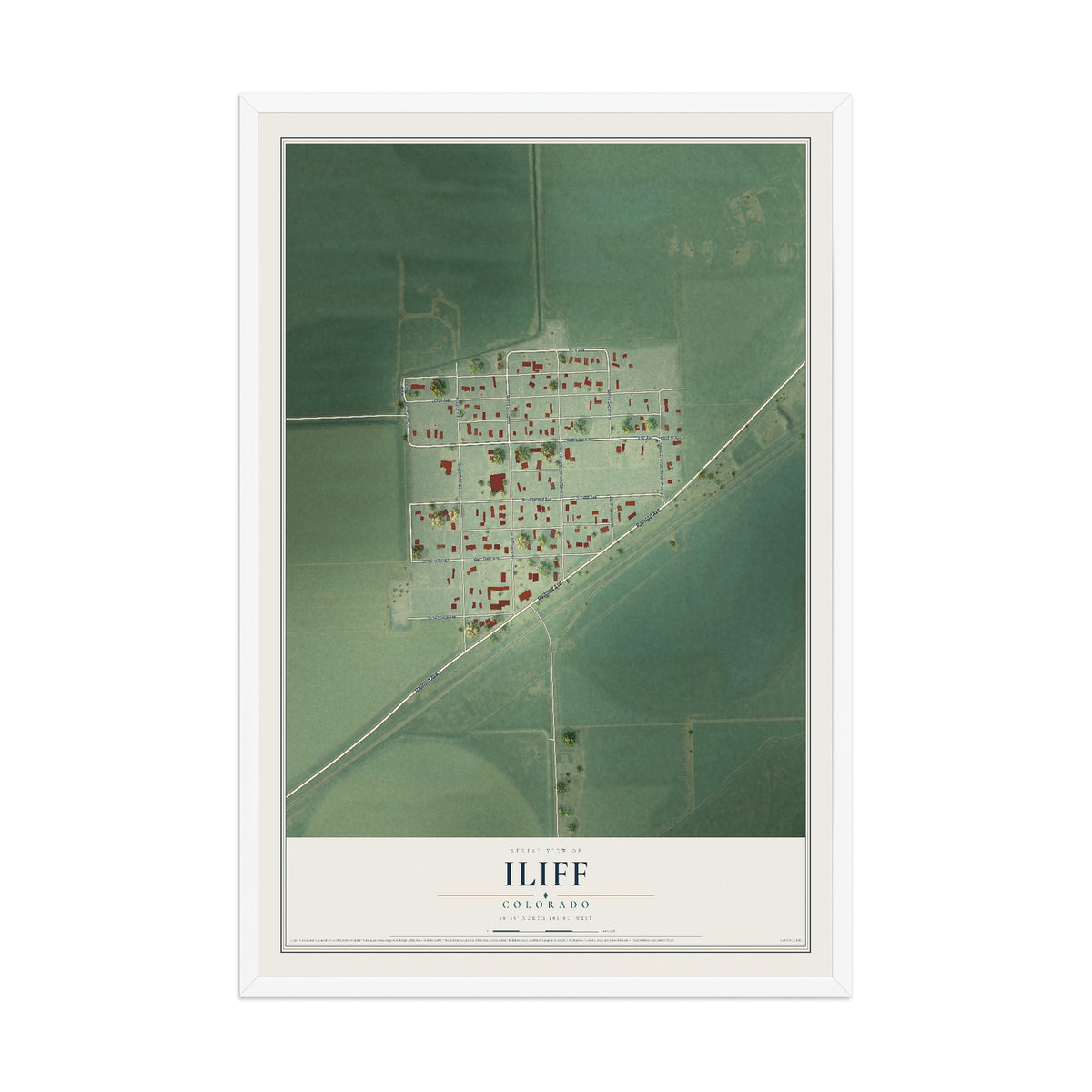 Map of Iliff, Colorado, 12 x 18 inch print in a white wood frame