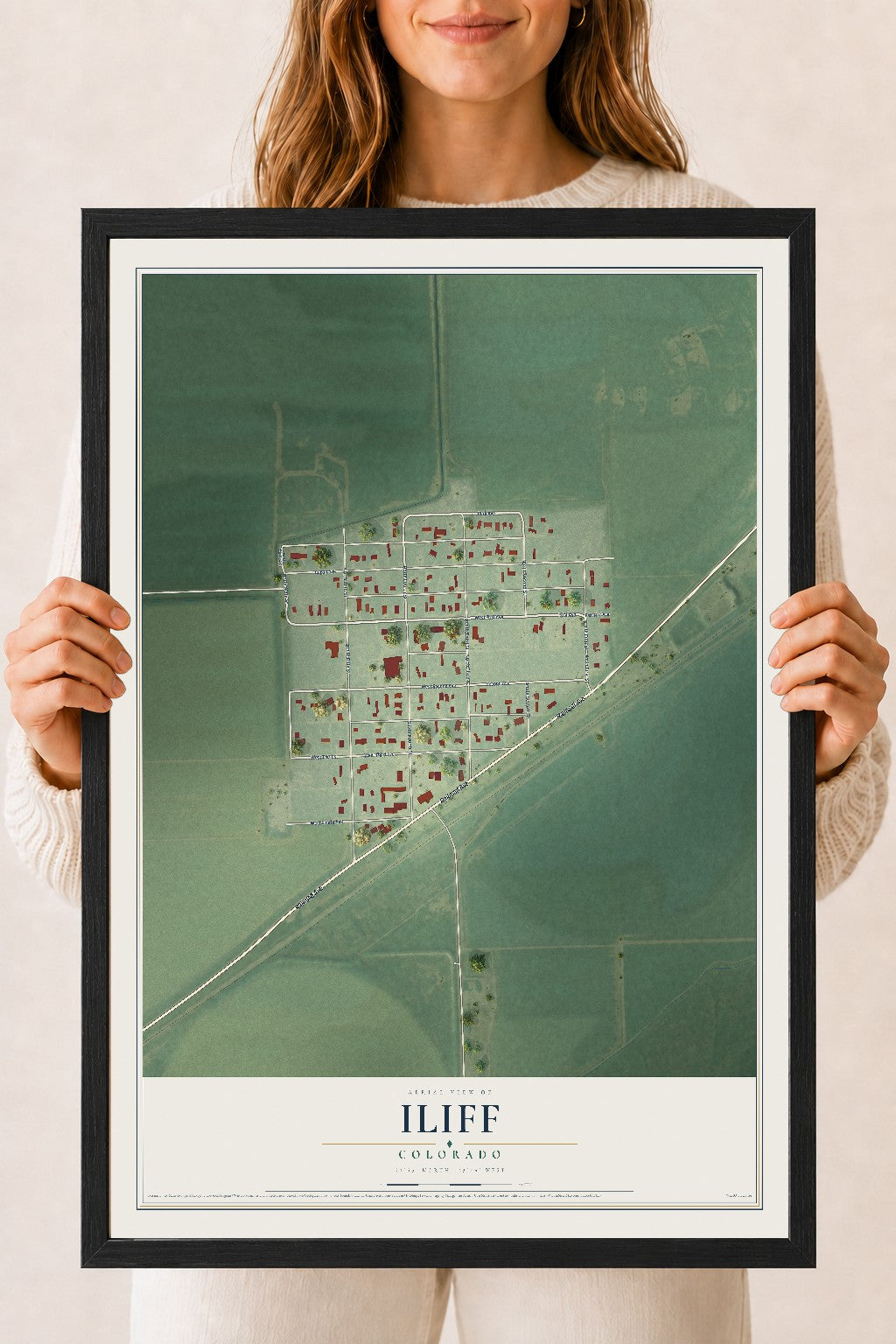 Map of Iliff, Colorado, 18 x 24 inch print in a black wood frame