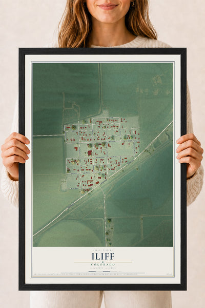 Map of Iliff, Colorado, 18 x 24 inch print in a black wood frame