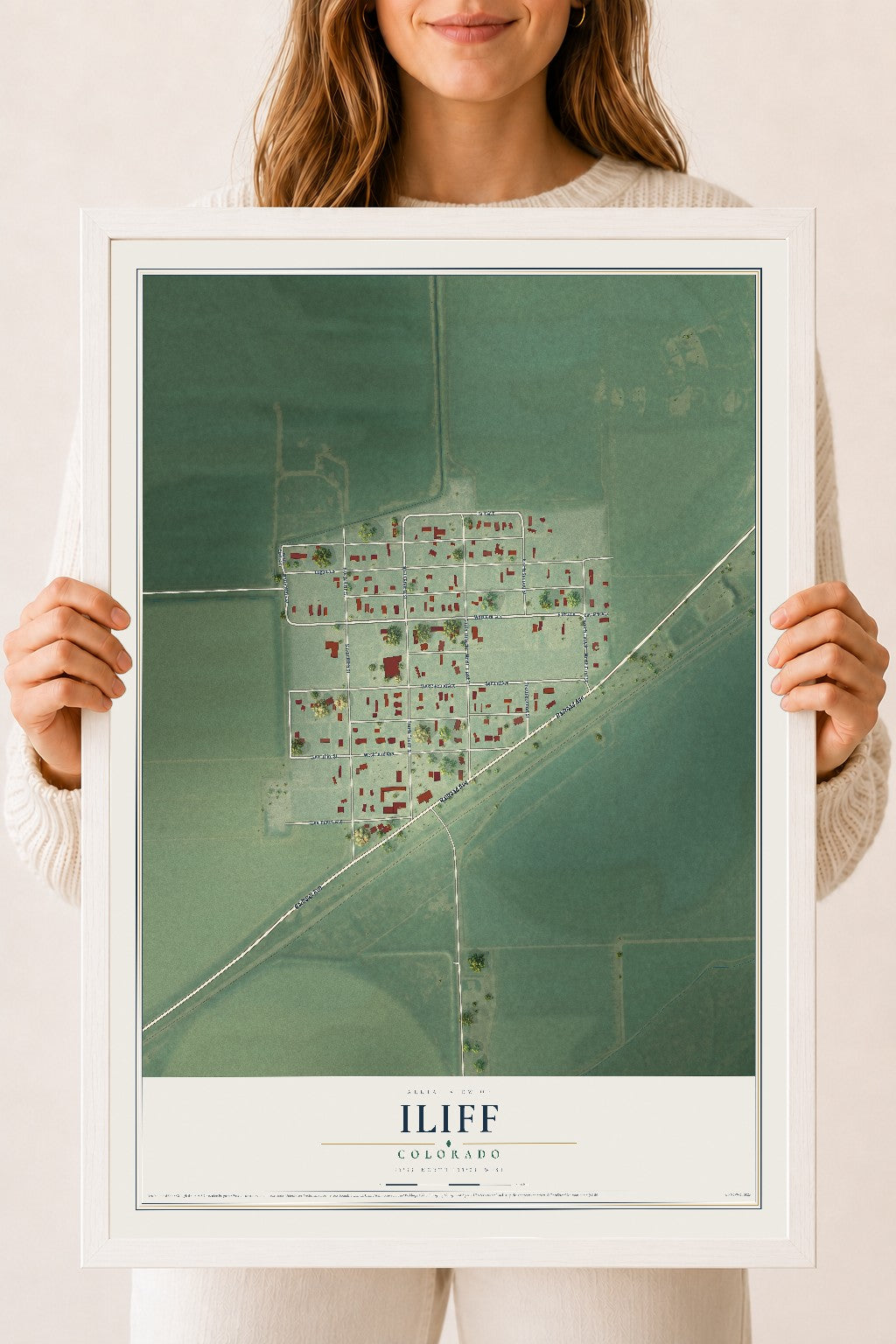 Map of Iliff, Colorado, 18 x 24 inch print in a white wood frame