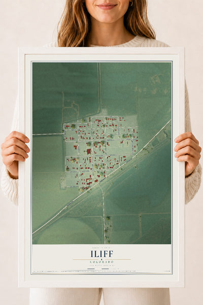 Map of Iliff, Colorado, 18 x 24 inch print in a white wood frame