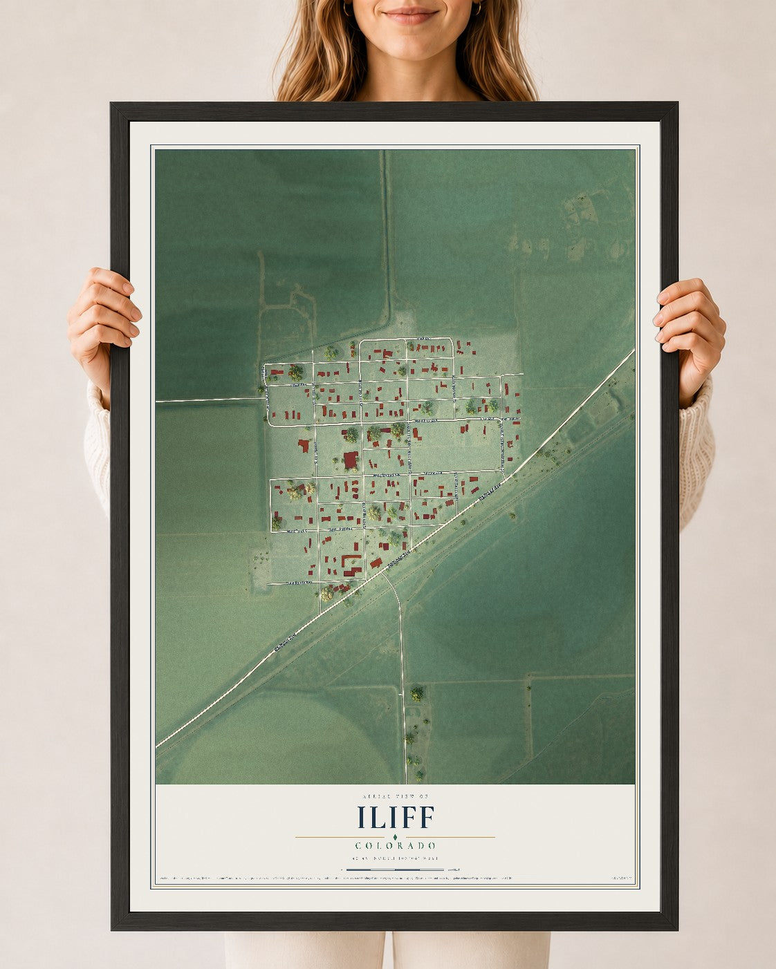 Map of Iliff, Colorado, 24 x 36 inch print in a black wood frame