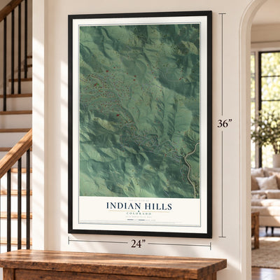 Indian Hills, Colorado map, 24 x 36 inch print in a black frame by a staircase