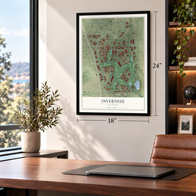Inverness, Colorado map, 18 x 24 inch print in a black frame in a home office